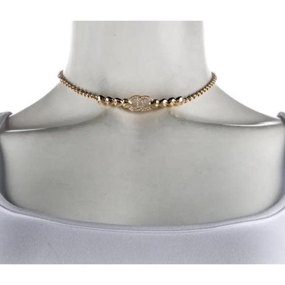 CHANEL Jewelry - NEW 2023 23P CHANEL  GOLD CRYSTAL STRASS CHOKER HEARTS CHAIN CC LOGO NECKLACE